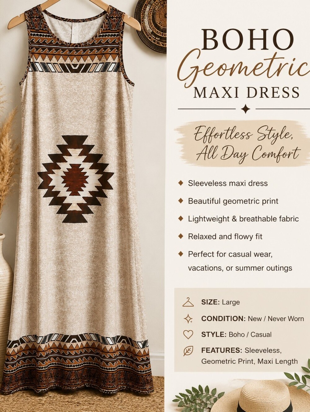 Boho Geometric Maxi Dress— Cream & Brown Pattern